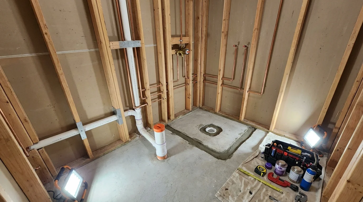 Bathroom rough-in plumbing during remodel by Johns Plumbing LLC in Ponca